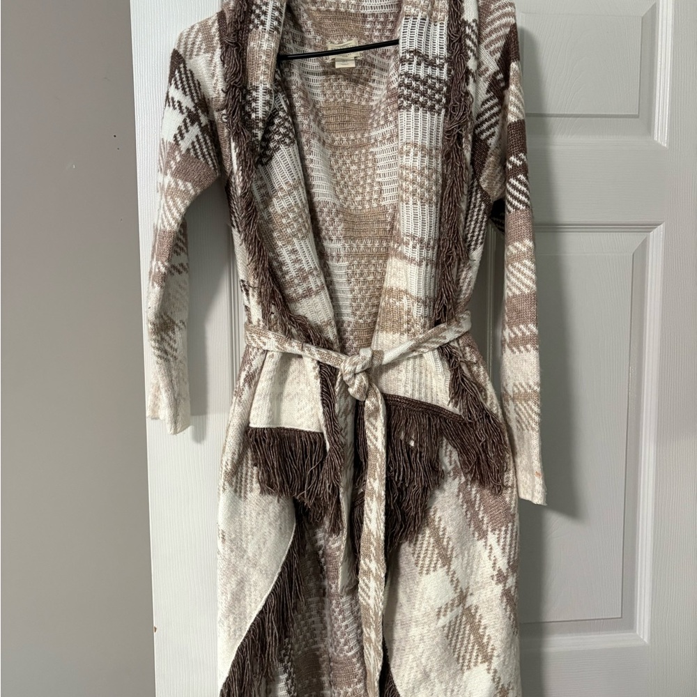 Plaid Fringe Cardigan - Brown and Cream